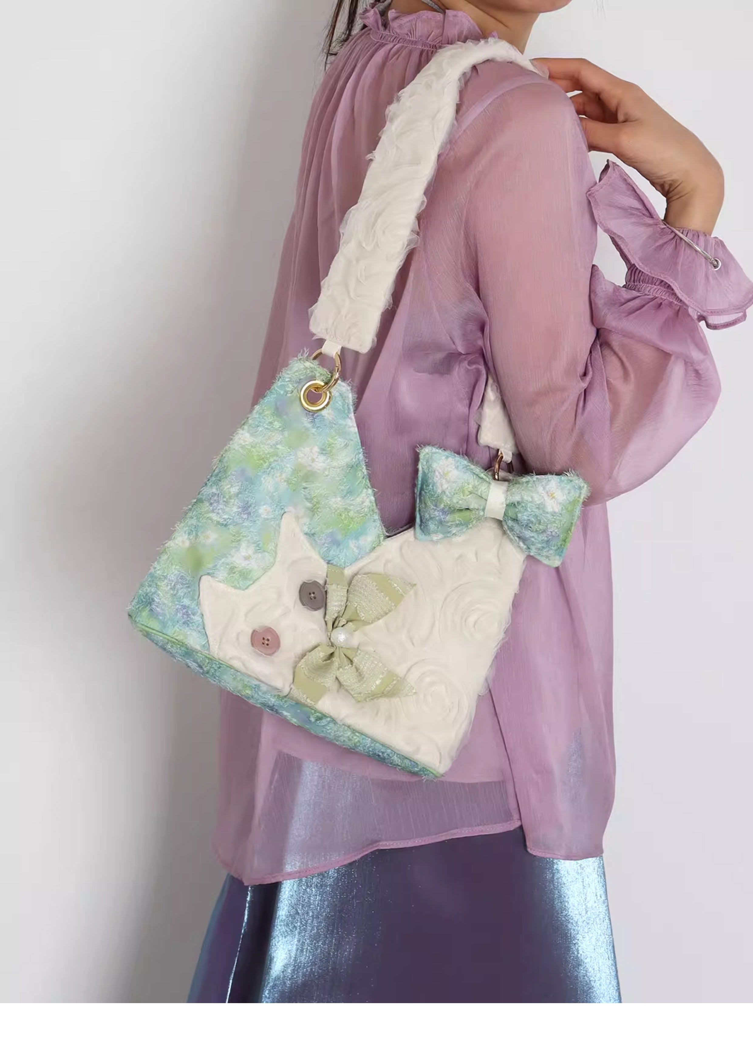 Cute chiffon cat underarm bag green Daisy crossbody bag