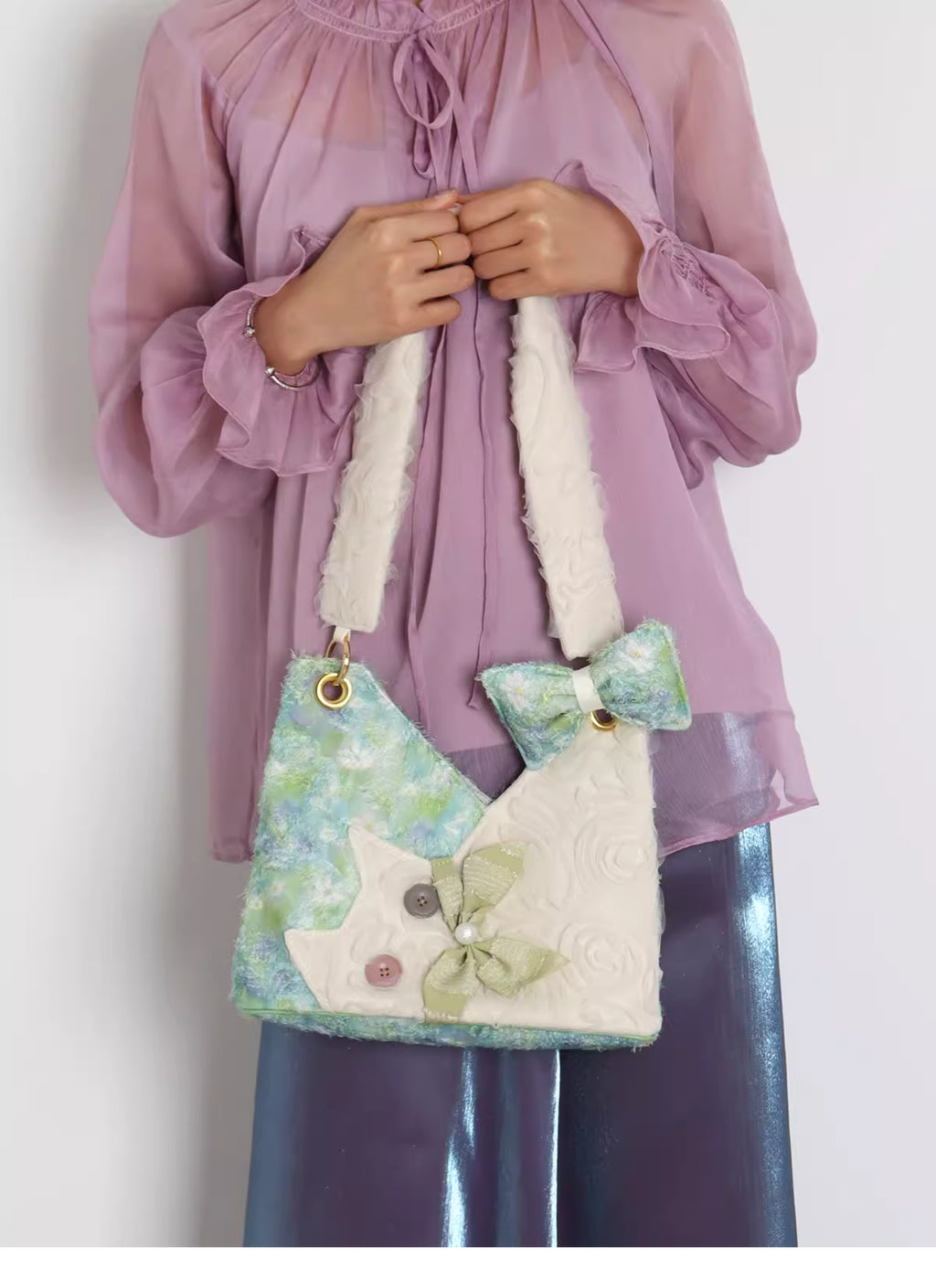 Cute chiffon cat underarm bag green Daisy crossbody bag