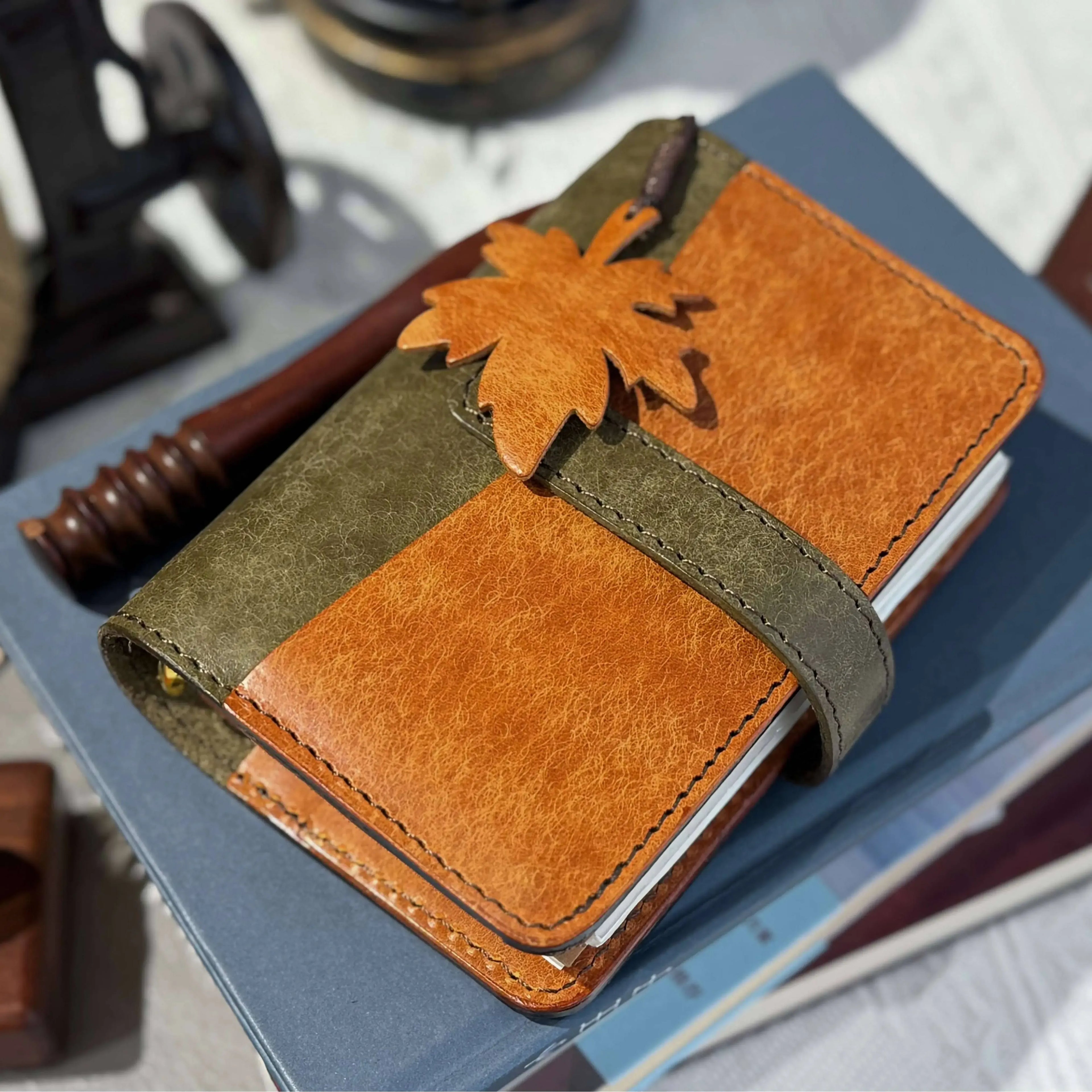 Serenity Collection — PUEBLO Full‑Grain Leather A7 Journal, 15‑Ring, Golden Leaf Brown — Original Handcrafted Design